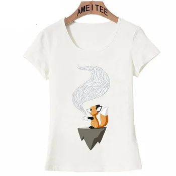 Desene Animate Drăguț Fox Ceai Cafea Print T-Shirt Noua Moda De Vara Femei T Shirt Design Amuzant Topuri Casual Femeie Hip Hop Tee