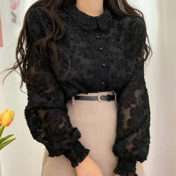 Papusa Design Topuri Femeile De Moda Coreea Style Fierbinte Talie Elastic Drăguț Dulce Gol Afară De Croșetat Dantelă Butonul Negru Cămașă De Bază Bluze