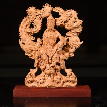 20CM Dragon Phoenix Zeita de Mercy Guanyin statuie a lui buddha din Lemn Dublu față-Verso Gol handmade, decor Acasă Cadou barca decor