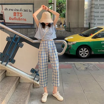 Vara, În Carouri, Pantaloni Femei 2020 Pantaloni Carouri Stil Coreean Largi Picior Pantaloni Casual Liber De Înaltă Talie Pantaloni Drepte