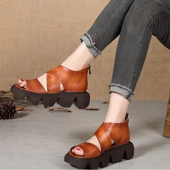 Johnature 2020 Nouă Femei Sandale Din Piele Zip Retro Femei Pantofi Casual De Vara Pene Manual Platforma Doamnelor Sandale