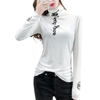 O coreeană Stil Grafic Tricouri Femei Plus Scrisoare de Imprimare tricou cu Guler Înalt și Subțire, cu mâneci Lungi Bottom Sălbatice Topuri Casual