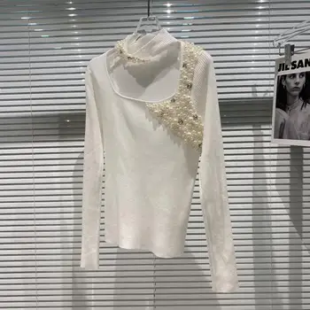 2020 Iarna Nou Pearl Tricou Femei Guler de Unghii de Design de Șirag de mărgele Scăzut Pieptul Gol Guler T-shirt