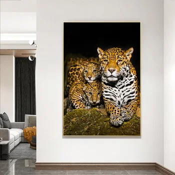 Wild Jaguari cu Copilul Jaguar Panza Pictura Arta de Perete Postere si Printuri de Familie Animale Imagini Decorative pentru Camera de zi