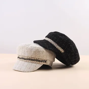 2020 Nouă Femei Pălării De Tweed În Carouri Vânzător De Ziare Capace Lanț De Sus Plat Vizor Capac Vintage Carouri Bereta Capac De Sex Feminin Toamna Pălării De Iarnă