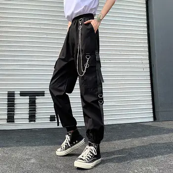 2020 Femei Pantaloni de Marfă Catarama Panglică Pocket Jogger Elastic Talie Înaltă Streetwear Harajuku Punk Inel Lanț Femei Pantaloni