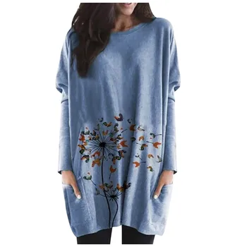 2020 Toamna Și Iarna Nouă Rundă mujer camisetas Gât Floare de Imprimare topuri cu mâneci Lungi de Top harajuku kawaii femeie tricouri футболка
