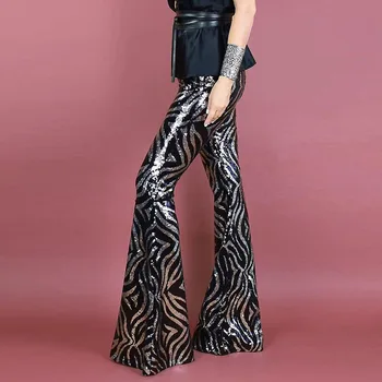 SEBOWEL Femeie de Talie Mare Negru Argintiu Vârtej Model de Semnalizare cu Paiete, Pantaloni pentru Petrecere de Dans Feminin Elastic Clopot-fund Pantaloni