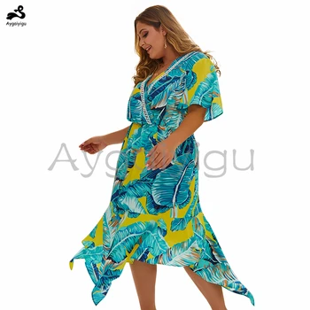 Aygaiyigu Doamnelor Plus Dimensiune Frunze de Imprimare Rochie de Mari Dimensiuni Mari Doamnelor Bohemia Rochii V-gât Scurt Flare Sleeve Îmbrăcăminte de Modă