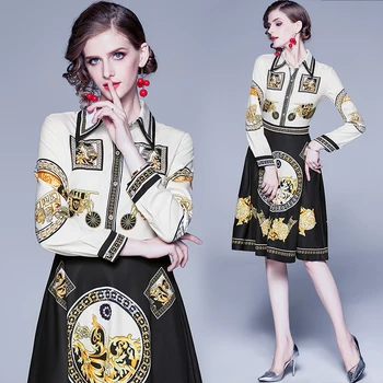 Femei de moda de Epocă 2019 Elegant Nou Etnice Tipărite de Lux Florale Rochie de Imprimare pista designer de toamna cu maneca lunga
