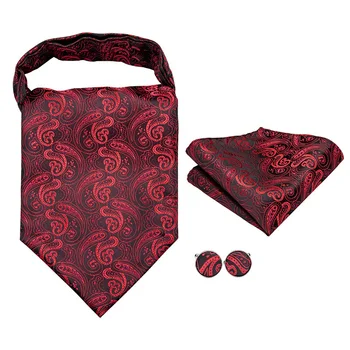 Hi-Cravata Matase Bărbați Adulți Cravata Ascot Tie Set Black Red Paisley Ascot Cravată pentru bărbați Scrunch Auto Britanic Domn Eșarfe