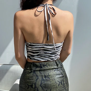 Weekeep Dungi De Zebra Print Halter Crop Top Pentru Femei De Pe Umăr Sexy Moda Bretele Streetwear Backless Petrecere Clubwear Camis