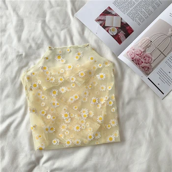 Fete Guler Vedea Prin Bluza De Vara Doamnelor Tricou Casual Plasă Transparentă Daisy Flower Print Top
