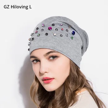 GZHilovingL Hip Hop Fete Noua Moda Accesorii De Îmbrăcăminte Moale De Bumbac Culoare Solidă Slouchy Stras Femei Beanie Hat Gorro Capac