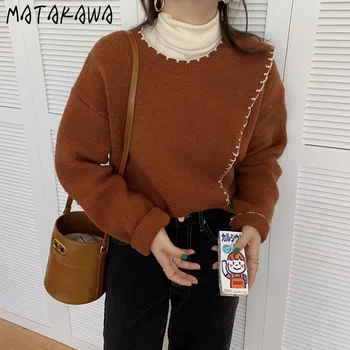 MATAKAWA Partea de Fantă Maneca Lunga Pulover Tricotate Femei Coreea Gât Rotund Pulover de Frontieră Contrast Pulovere Largi