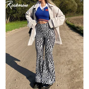 Rockmore model Zebra Talie Mare flare Pantaloni Femei Y2K Streetwear Moda de Iarnă Estetice Pantaloni Largi Picior Pantaloni de Marfă Codrin