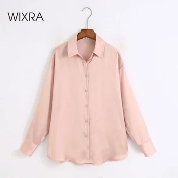 Wixra Femei Solide Bluze din Satin Topuri Guler de Turn-down Casual, Office Lady Shirt Pentru Femeie High Street Vara Toamna