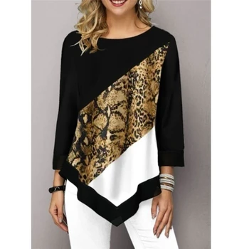 Femei De Moda Imprimate Casual Neregulate Tiv Rotund Gat Mâneci 3/4 Plus Size Leopard De Imprimare Pulover Vrac Primavara-Vara T-Shirt