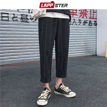 LAPPSTER Bărbați Harajuku Largi Picior Pantaloni Carouri 2020 Hip Hop Pantaloni Harem Masculin Vintage Moda pantaloni de Trening Negru cu Dungi Pantaloni Joggers