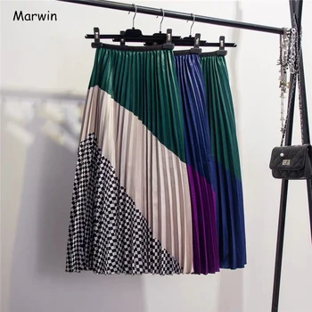 Marwin 2019 Primăvara Nou-Venit Europen de Potrivire de Culoare Carouri fusta Plisata High Street Style de la Jumătatea Vițel Imperiu cu Dungi pentru Femei Fuste