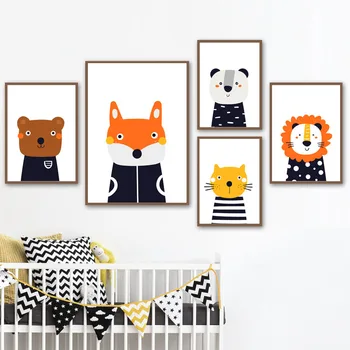 Urs, Vulpe, Leu, Pisică, Panda Desene Animate Drăguț, Arta De Perete Panza Pictura Nordică Postere Si Printuri Poze De Perete Baby Camera Pentru Copii Decor Acasă