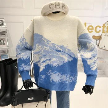 Retro munte de zăpadă jacquard pulover Femei Toamna / iarna 2020 Noua Moda jumătate de înaltă gât pulover vrac Tricotaje