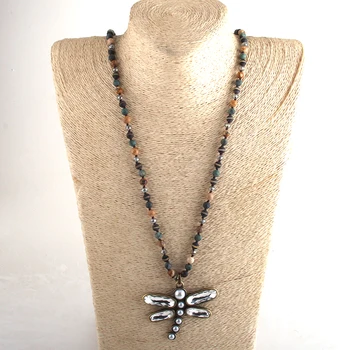 MD Moda Boem Bijuterii Tribale 6mm Semi Piatră Prețioasă Mult Înnodate Metal-Dragonfly Pandantiv Coliere