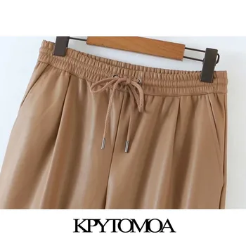 KPYTOMOA Femei 2020 Moda Cu Cordon Pantaloni din Imitatie de Piele de Epocă de Mare Talie Elastic Buzunare de sex Feminin Glezna Pantaloni Mujer