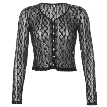 2021 Sexy ochiurilor de Plasă Transparentă tricou Femei y2k Estetice Dantela Mozaic Vintage Maneca Lunga de Sus Teuri Singur Buton Haine