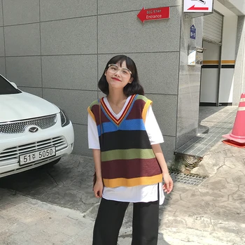 2019 toamna și iarna stil Vintage v gât tricotate rainbow stripe vestă fără mâneci pulovere femei pulovere pentru femei (F1353)