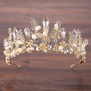 Stil Baroc Clasic Cristal Flori Perla Royal Printesa De Aur Tiara Coroana Bentita Noiva Mireasa Mireasa Nunta Bijuterii De Păr