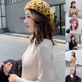 Femei Stil Francez De Pluș Bereta Capac Vintage Print Leopard Cald Pictor Beanie Hat
