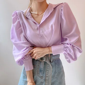 Coreeană Liber Chic Femei Bluza Simpla Versatil Rever Maneca Lunga Tricou Elegant Tricou Femei Topuri Topuri Roz Blusas Mujer 12492