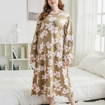 Plus Dimensiune cămașă de noapte pentru Femei Florale Imprimate Lung Pijamale Complet Maneca Gât Rotund Rochie de Noapte