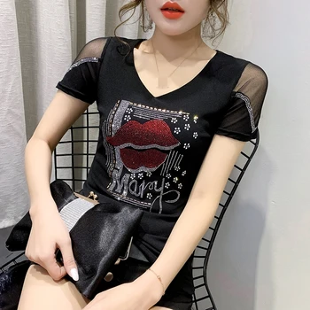 Vara coreean Haine de Moda T-shirt Diamante Buza Femei Topuri Ropa Mujer Bumbac cu Maneci Scurte din Dantela Sexy Back Shirt Tee Noi T03804
