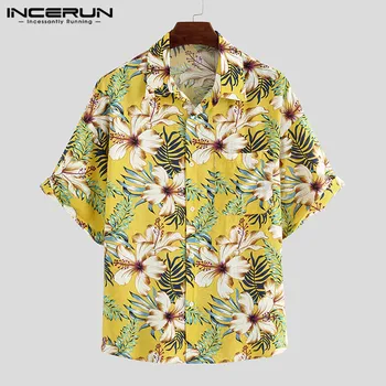 INCERUN 2021 Moda Bărbați Cămașă Hawaiană Maneci Scurte imprimeu Floral Chic Rever Liber Camisas Hombre Streetwear Plaja Tricouri Casual