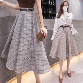 Lucyever Vintage De Primăvară Femei Fusta Lunga Carouri O Linie De Talie Mare Coreeană Centura Doamna De La Jumătatea Vițel Fusta Elegant Faldas Mujer Moda 2019