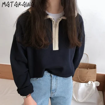 MATAKAWA Simplu Rever Hanorace cu Fermoar Culoare de Contrast Femei Tricou Vrac Coreea Chic de Toamna Casual cu mâneci Lungi Hoodie pentru Femei