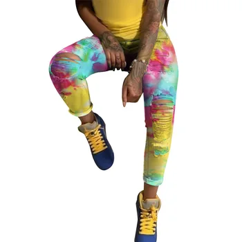 Moda Tie-Dye Print Rupt Blugi Femei Toamna Casual, Skinny, Talie Mare Pantaloni Din Denim Femeie Sexy Genunchi Gol Afară De Blugi În Dificultate