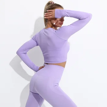 2/3PCS Femei fără Sudură Yoga Set de Antrenament de Sport Sală de sport Îmbrăcăminte de Fitness Maneca Lunga Top de Cultură de Înaltă Talie Jambiere Costume de Sport