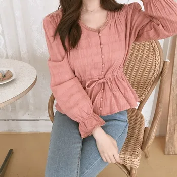 2021-Coreean De Bumbac Culoare Solidă Solide Vintage Femei Topuri Toamna Doamnelor Tricou Casual Cu Maneca Lunga Bluza Cardigan Femei 9590