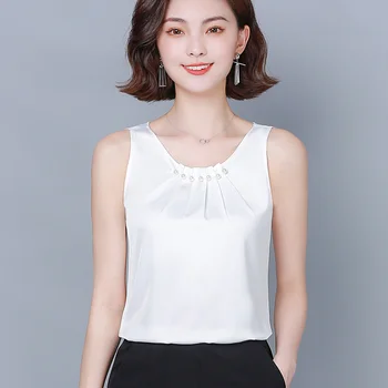 2021 Moda Femei Bretele coreean Solid ștrasuri din Mărgele de Bază Tricouri Simplu fără Mâneci Top de sex Feminin din Satin Femei Șifon Bluze 10077