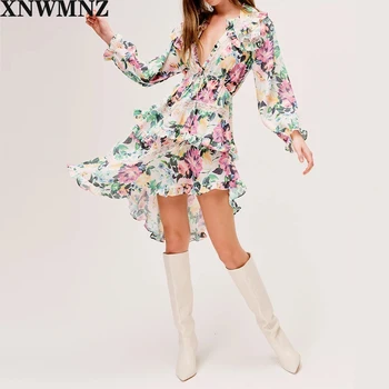 XNWMNZ za Femei 2020 Moda Chic Cu Dantela cu imprimeuri Florale Asimetric Rochie Mini Vintage Maneca Lunga, Cordon Rochii de sex Feminin