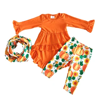 New sosire copii 3 piese haine copii fete portocaliu partea de sus și de dovleac pantaloni costum cu eșarfă fată costum de Halloween