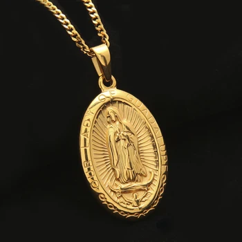 Din Oțel inoxidabil, de formă Ovală Sfânta Fecioara Maria Lady of Guadalupe Pandantiv 3mm 24inch Cubanez Lanț de Aur Ton de Nuestra Senora de Guadalupe