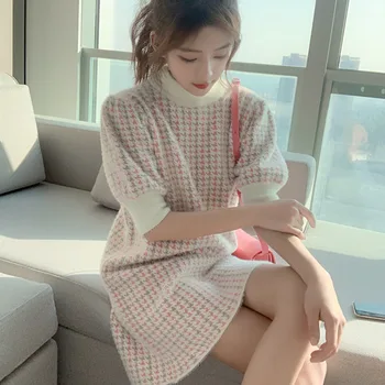 De Vară 2020 Houndstooth Tricotate Femei Rochie Felinar Maneci Scurte O-gât Rochie Mini coreeană de Moda Vintage sex Feminin Vestidos