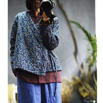 YoYiKamomo Floral pentru Femei Parka 2019 Toamna Primavara Lenjerie de pat din Bumbac Nou Naționale Retro Dantelă-up Bumbac căptușit Haine Femei Strat Gros