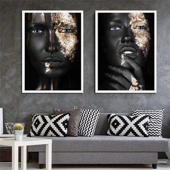 Negru Galben Argint Masca de Femeie Africană Pictura in Ulei pe Panza Cuadros Postere si Printuri Scandinave Poze de Perete Camera de zi