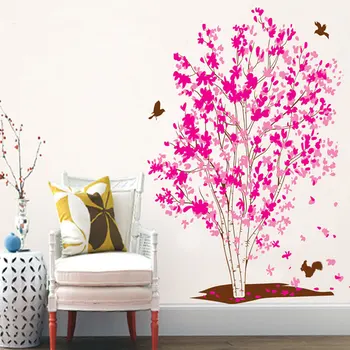 Mare de Flori Roz Copac Autocolante de Perete Păsări pentru Living Home Decor Dormitor cu Usa de la Baie Autocolante Impermeabil Arta Autocolante PVC