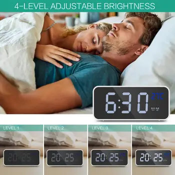 Ceas Digital de Alarmă Oglindă cu LED-uri de Muzică Digitală Ceas 4 Luminozitate Reglabilă Control Vocal Dual Porturi USB de Încărcare Funcție de Amânare